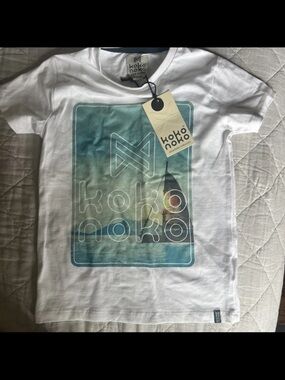 White Kids Short-Sleeve Tee with Teal Beach Graphic